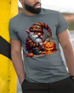 Halloween Gnome Pumpkin Carving Scary Graphic T-Shirt - model in grey shirt leaning against column