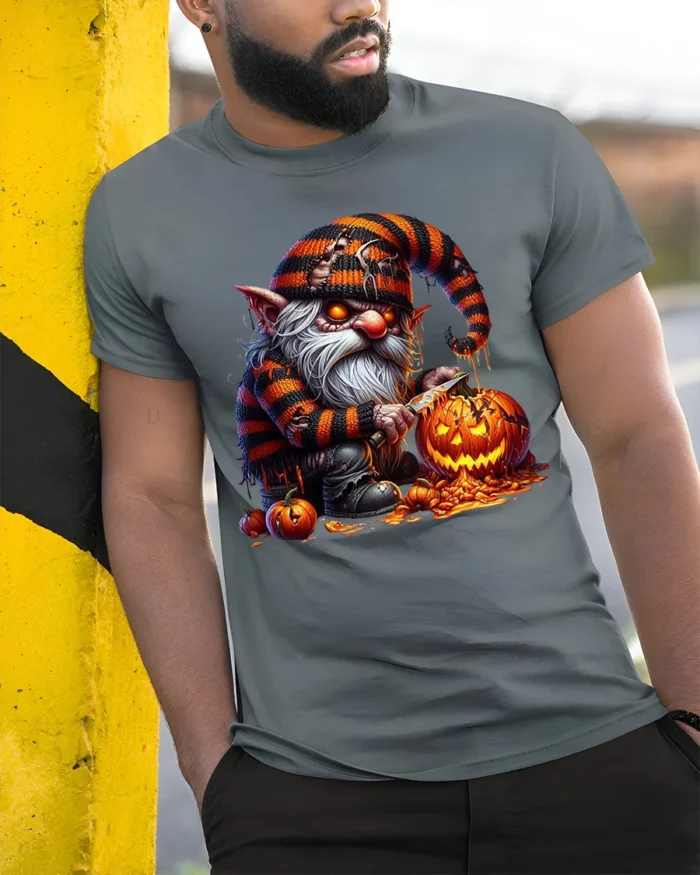 Halloween Gnome Pumpkin Carving Scary Graphic T-Shirt - model in grey shirt leaning against column