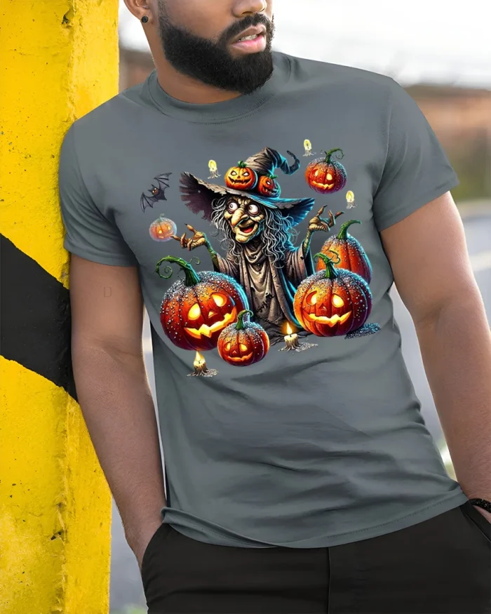 Halloween Witch Pumpkin Lantern Scary Graphic T-Shirt - model in grey shirt leaning against column