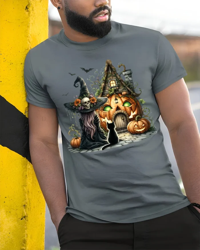 Halloween Witch Pumpkin House Black Cat Graphic T-Shirt - model in grey shirt leaning against column