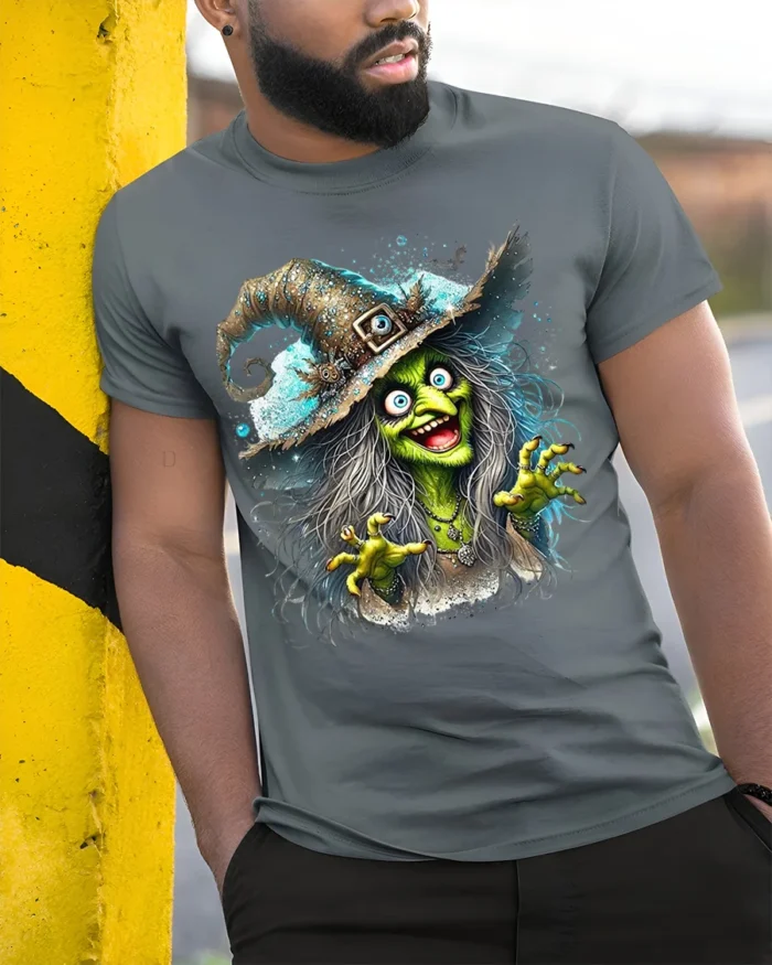 Halloween Scary Green Witch Creepy Graphic T-Shirt - model in grey shirt leaning against column