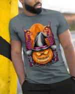 Halloween Pumpkin Witch Hat Creepy Graphic T-Shirt - model in grey shirt leaning against column