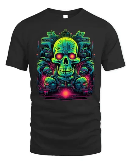 Neon Cyber Skull Tech Warrior Graphic T-Shirt