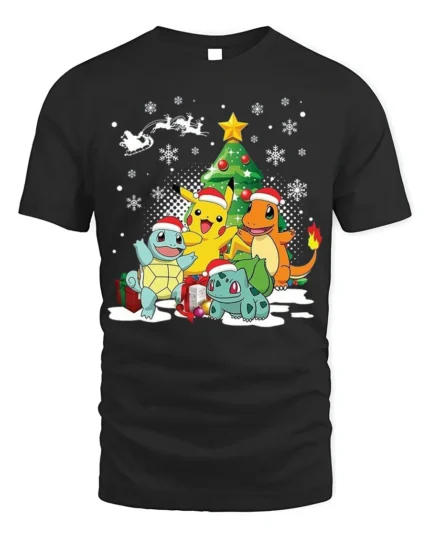 Pokemon Christmas Starters T-shirt - Pikachu Holiday Tree Tee