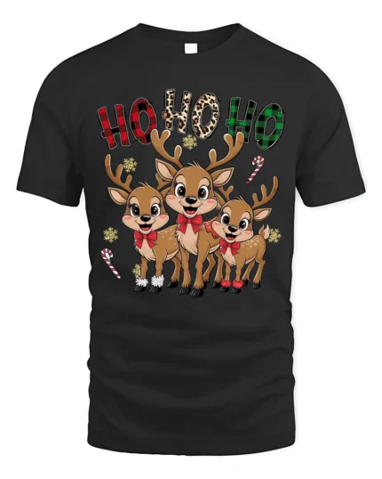 Ho Ho Ho Reindeer Family Christmas T-shirt - Plaid Holiday Tee