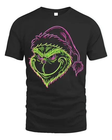 Neon Grinch Santa Hat T-shirt - Glow Effect Christmas Tee