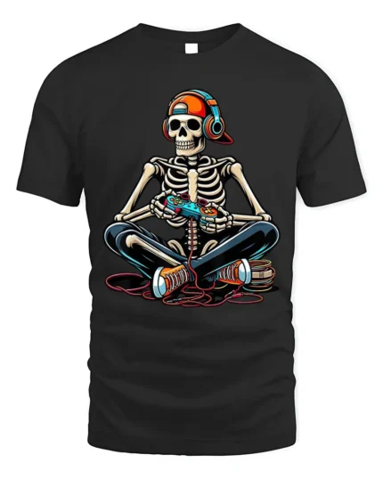 Skeleton Gamer With Headphones Cool Gaming Graphic T-Shirt