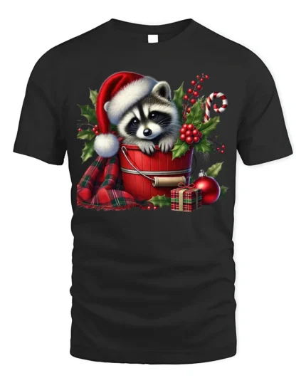 Cute Raccoon Santa Hat Christmas Candy Cane Holiday Tshirt