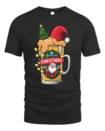 Santa Beer Mug Christmas Party T-Shirt Funny Holiday Tee
