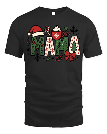 Mama Christmas T-Shirt Funny Holiday Coffee Santa Hat Tee