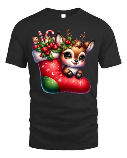 Cute Baby Reindeer in Christmas Stocking Holiday T-Shirt