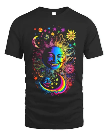 Psychedelic Sun and Moon Graphic T-Shirt Colorful Cosmic Tee