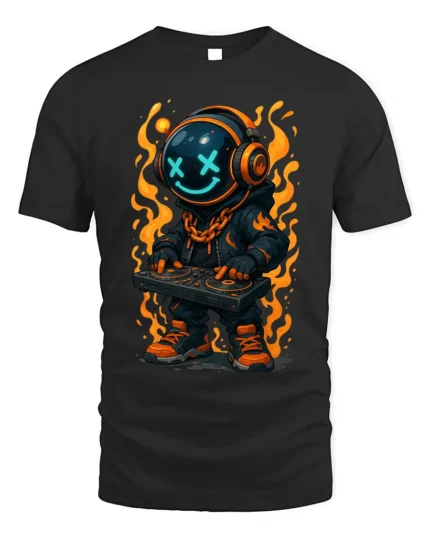 Flaming DJ Astronaut Graphic T-Shirt Cool Music Streetwear Tee