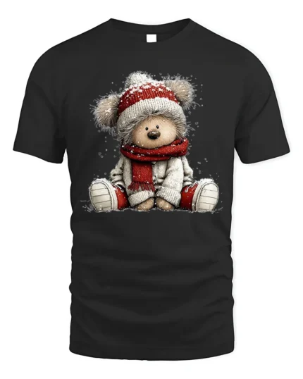 Cute Winter Teddy Bear T-Shirt with Cozy Hat, Scarf and Snow Art