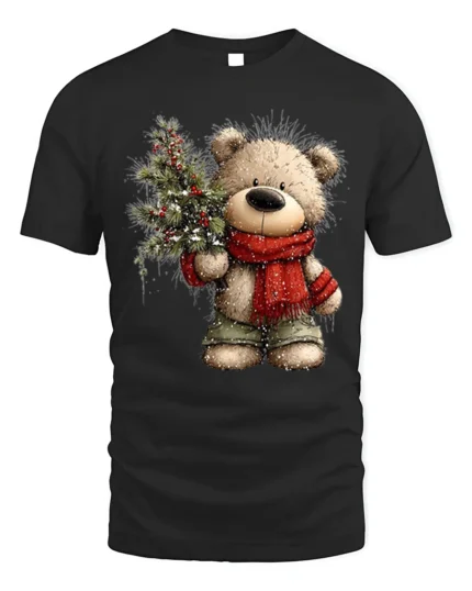 Cute Winter Teddy Bear T-Shirt with Holiday Pine Bouquet Art