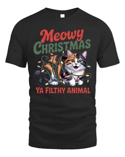 Funny Meowy Christmas Cat T-Shirt with Holiday Lights Design