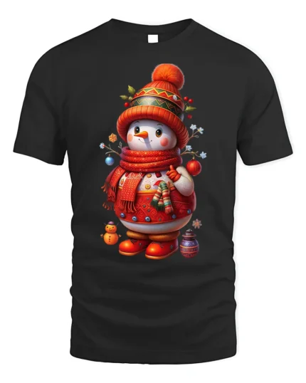 Festive Christmas Snowman T-Shirt with Cozy Winter Outfit Art