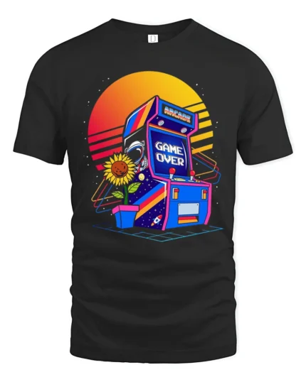 Retro Arcade Game Over Graphic T Shirt Neon Gamer Tee - black t-shirt on white background