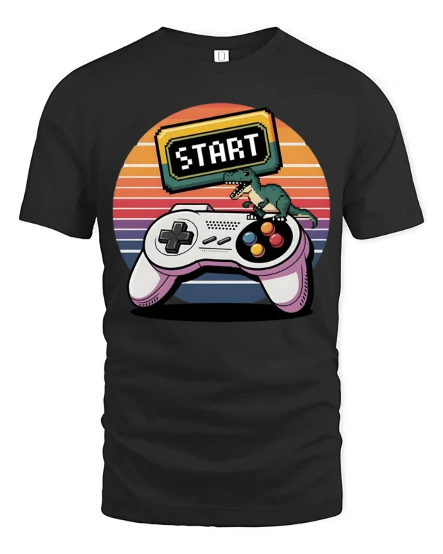 Retro Start Button Gamer Controller T Shirt - black t-shirt on white background