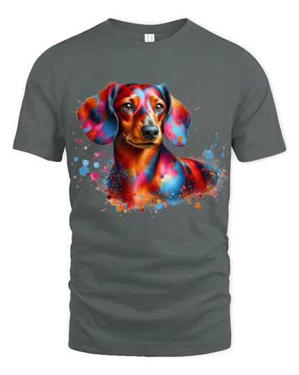Colorful Dachshund Paint Splash Art T Shirt - gray t-shirt on white background