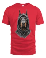 Doberman In Hoodie Graphic T Shirt Street Style Tee - red t-shirt on white background
