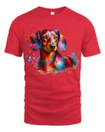 Colorful Dachshund Paint Splash Art T Shirt - red t-shirt on white background