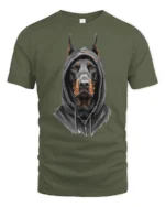Doberman In Hoodie Graphic T Shirt Street Style Tee - military green t-shirt on white background