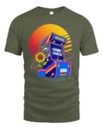 Retro Arcade Game Over Graphic T Shirt Neon Gamer Tee - military green t-shirt on white background
