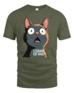 Funny Shocked Cat Graphic T Shirt Viral Meme Tee - military green t-shirt on white background