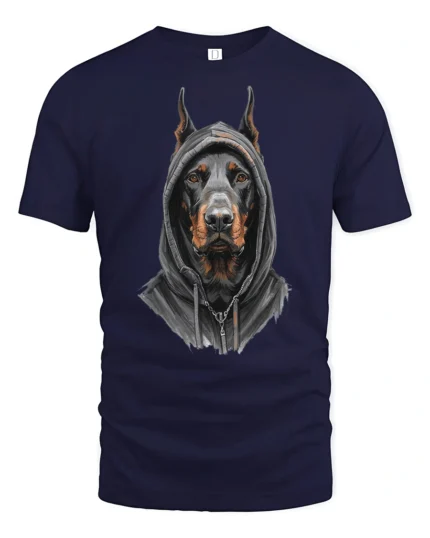 Doberman In Hoodie Graphic T Shirt Street Style Tee - navy t-shirt on white background