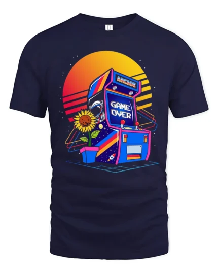 Retro Arcade Game Over Graphic T Shirt Neon Gamer Tee - navy t-shirt on white background