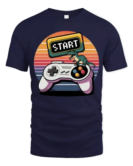 Retro Start Button Gamer Controller T Shirt - navy t-shirt on white background