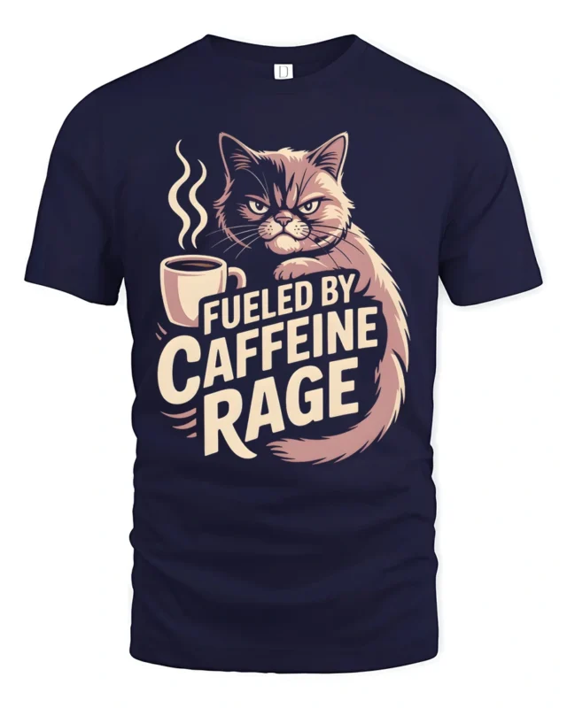 Fueled By Caffeine Rage Grumpy Cat T Shirt - navy t-shirt on white background