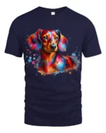 Colorful Dachshund Paint Splash Art T Shirt - navy t-shirt on white background