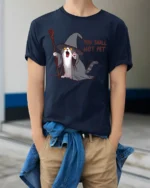 You Shall Not Pet Funny Wizard Cat T Shirt - model wearing navy tee with hands in pockets
