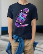 Color Splash Skateboard Graphic T Shirt Street Art Tee - model wearing navy tee with hands in pockets