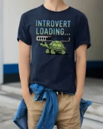 Introvert Loading Funny Turtle Graphic T Shirt - model wearing navy tee with hands in pockets