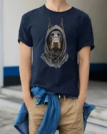 Doberman In Hoodie Graphic T Shirt Street Style Tee - model wearing navy tee with hands in pockets
