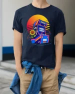 Retro Arcade Game Over Graphic T Shirt Neon Gamer Tee - model wearing navy tee with hands in pockets