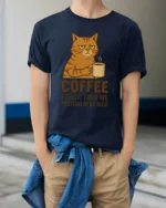 Coffee First Then We Pretend To Be Nice Cat T Shirt - model wearing navy tee with hands in pockets