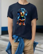 Colorful Dachshund Pop Art Graphic T Shirt - model wearing navy tee with hands in pockets