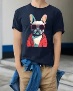 Cool French Bulldog With Sunglasses Graphic T Shirt - model wearing navy tee with hands in pockets