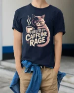 Fueled By Caffeine Rage Grumpy Cat T Shirt - model wearing navy tee with hands in pockets