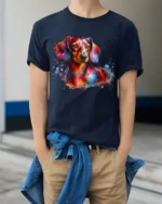 Colorful Dachshund Paint Splash Art T Shirt - model wearing navy tee with hands in pockets