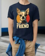 Chihuahua Best Friend Vintage Dog Lover T Shirt - model wearing navy tee with hands in pockets