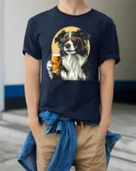 Cool Border Collie Beer Lover Graphic T Shirt - model wearing navy tee with hands in pockets