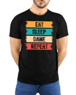 Eat Sleep Game Repeat Funny Gamer Lifestyle T Shirt - model wearing black tee with hands behind back