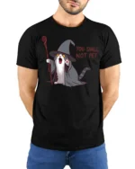 You Shall Not Pet Funny Wizard Cat T Shirt - model wearing black tee with hands behind back