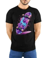 Color Splash Skateboard Graphic T Shirt Street Art Tee - model wearing black tee with hands behind back