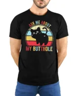 Ask Me About My Butthole Funny Cat T Shirt - model wearing black tee with hands behind back